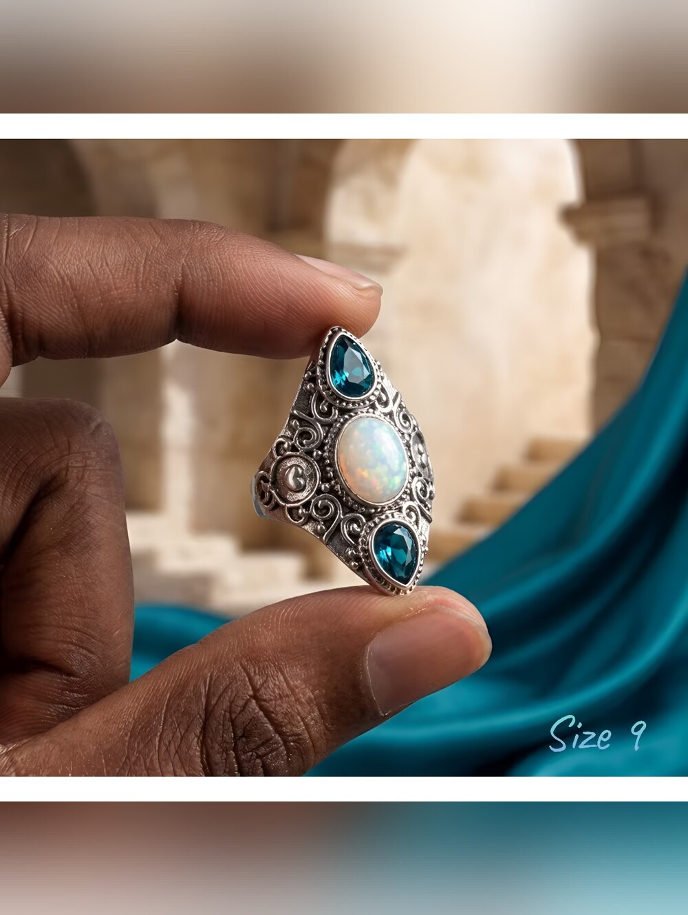 Ornate ring with synthetic Opal & Blue Topaz, Sz.9